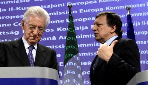 Monti e Barroso. Crescita sì, ma non si sa come.  Nei sondaggi in calo il premier