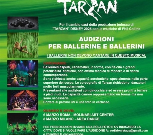 Tarzan Disney 2025. Audizioni per ballerine e ballerini